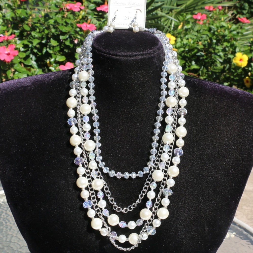 Boho Pearl Statement Necklace Earring Multi Strand